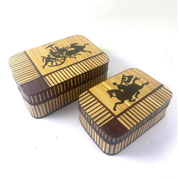 2 Vintage Japanese Bamboo Nesting Storage Trinket Boxes Stash Silhouette - Picture 1 of 6